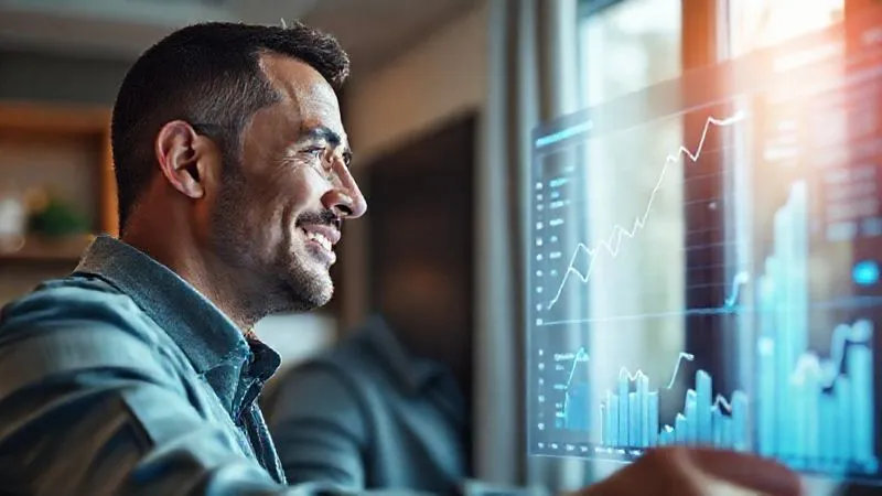 A photorealistic image of a freelancer looking at a digital dashboard displaying significant financial growth, with upward-trending graphs and increasing profit margins, all overlaid with subtle AI-generated glowing data streams. The freelancer has a look of satisfaction and success. Cinematic lighting, sharp focus on the dashboard and freelancer's expression, depth of field blurring a modern, luxurious home office. 8K hyper-detailed.