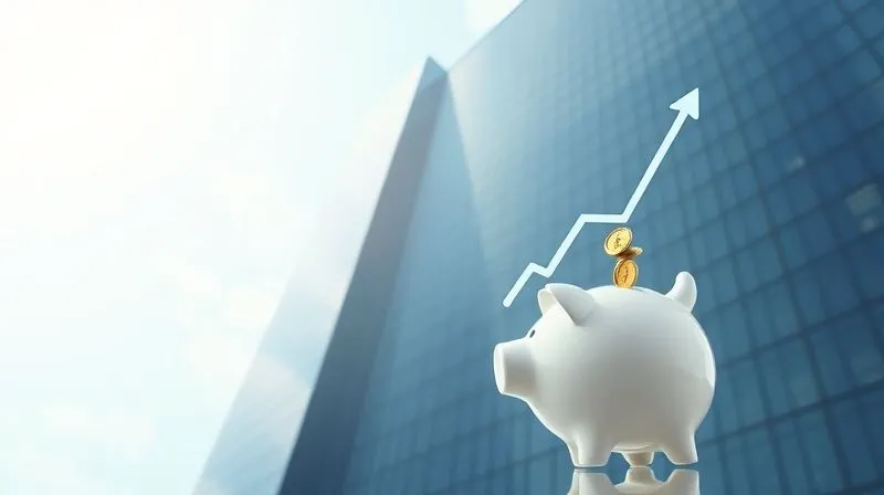 A photorealistic image of a modern, sleek skyscraper reflecting a clear sky, with a digital overlay of upward-trending financial graphs and small coins falling into a stylized piggy bank, representing monthly dividends. Cinematic lighting, professional photography, 8K, sharp focus, depth of field.