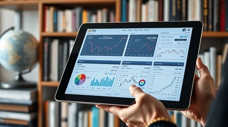 A photorealistic image of a sleek tablet displaying a complex financial dashboard with FII performance metrics and interactive charts, held by a person's hands. In the background, a bookshelf filled with finance books and a subtle globe. Cinematic lighting, sharp focus on the tablet screen, depth of field, 8K, professional photography.