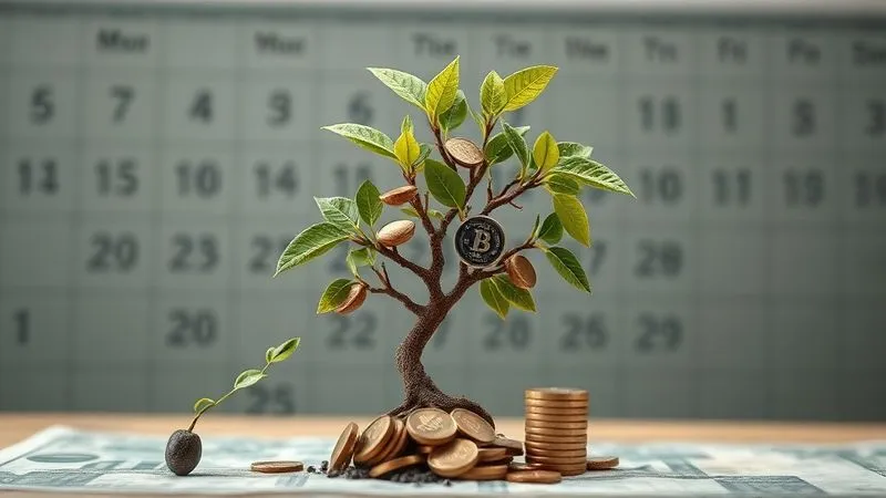 A photorealistic visualization of money growing exponentially over time, depicted as a small seed sprouting into a robust, fruit-bearing tree, with coins and banknotes representing the 'fruit'. The background shows a calendar rapidly flipping through years. Cinematic lighting, sharp focus on the growth, depth of field blurring the background. 8K hyper-detailed, professional photography, shot on a high-end DSLR.