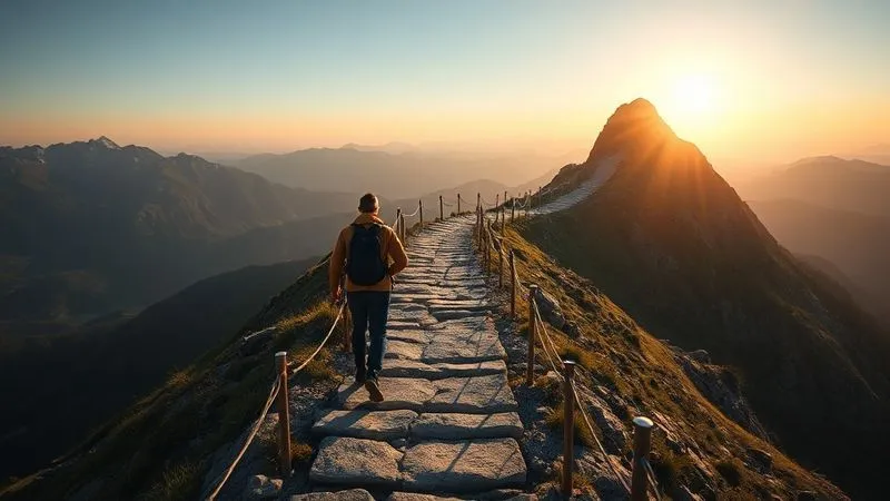 A photorealistic image of a winding mountain path, with a freelancer figure confidently walking upwards, symbolizing perseverance and overcoming obstacles towards a distant, sunlit peak representing financial freedom. The path is challenging but clear, with supportive elements like sturdy handrails. Cinematic lighting, sharp focus on the path ahead, depth of field blurring the background. 8K hyper-detailed, professional photography, shot on a high-end DSLR.