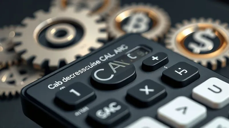 A photorealistic image of a calculator showing a decreasing CAC value, with gears and money symbols in the background, representing efficient financial processes. Cinematic lighting, sharp focus, 8K hyper-detailed.