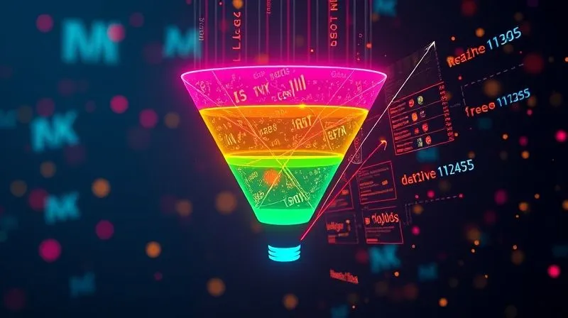 A photorealistic image of a digital marketing funnel glowing with different colors for each stage (awareness, consideration, conversion), with data flowing smoothly between them. Cinematic lighting, sharp focus, 8K hyper-detailed.