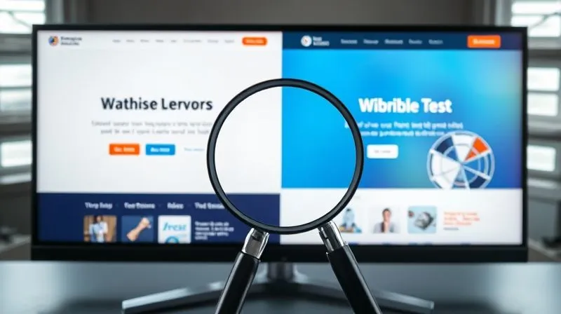 A photorealistic image of two different versions of a website landing page side-by-side on a split screen, with a magnifying glass hovering over key elements, representing A/B testing. Cinematic lighting, sharp focus, 8K hyper-detailed.
