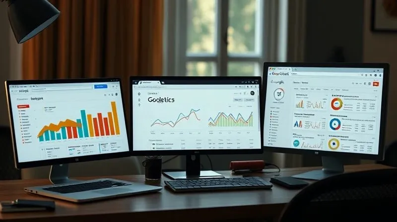 A photorealistic image of a freelancer's desk with multiple open browser tabs showing Google Analytics, Google Ads dashboard, and an email marketing platform, all displaying graphs and data. Cinematic lighting, sharp focus, 8K hyper-detailed.