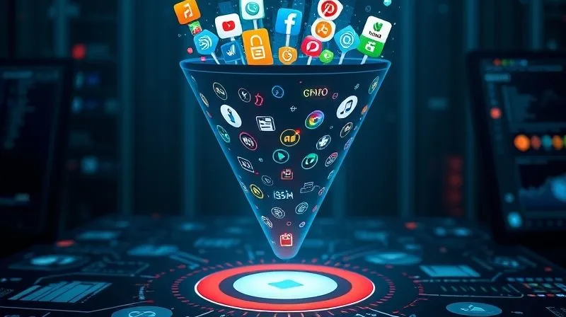 A photorealistic image of a digital marketing funnel glowing with data, with various icons representing social media, search engines, and app stores at the top, leading down to a conversion point. Cinematic lighting, sharp focus, 8K hyper-detailed.