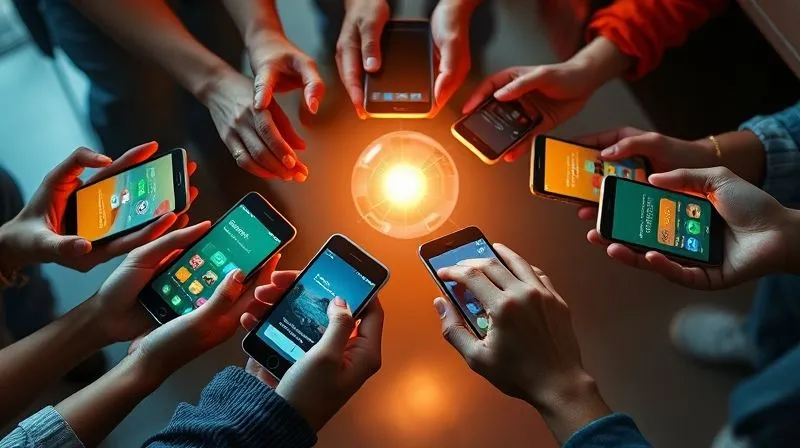 A photorealistic image of diverse hands holding smartphones, each displaying a different app, with a central glowing sphere connecting them, symbolizing collaboration and network effect. Cinematic lighting, sharp focus on the hands and phones, 8K hyper-detailed.