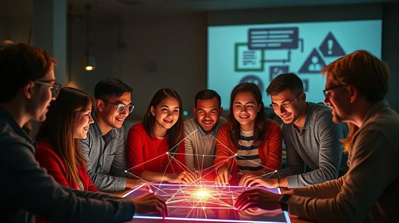 A photorealistic image of a diverse group of people collaborating around a holographic projection of a digital application, with vibrant light lines connecting their ideas. Cinematic lighting, sharp focus on the group and hologram, 8K hyper-detailed.