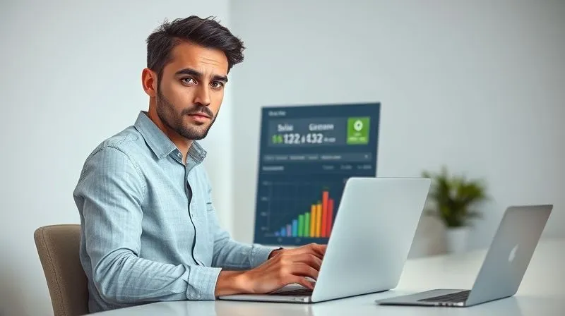A photorealistic image of a freelancer looking confidently at a dashboard on a laptop, displaying vibrant sales charts and growth metrics for a digital application. The freelancer has a determined expression, surrounded by a minimalist, modern office setting. Cinematic lighting, sharp focus on the freelancer and screen, 8K hyper-detailed.
