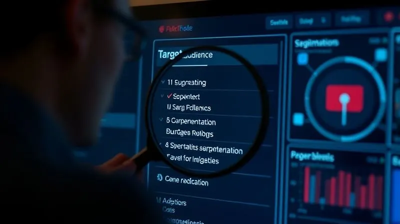 A photorealistic image of a freelancer carefully selecting target audience parameters on a digital screen, with a magnifying glass overlaying the screen, sharp focus on the detailed segmentation options, cinematic lighting, 8K hyper-detailed, depth of field blurring the background, shot on a high-end DSLR.