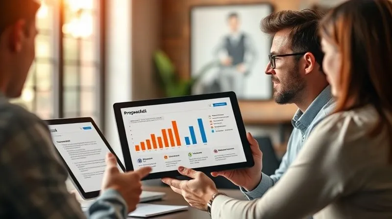 A photorealistic image of a freelancer presenting a compelling proposal to a client, with a clear chart showing projected ROI and client testimonials prominently displayed on a tablet. The freelancer looks confident and the client looks engaged and impressed. Cinematic lighting, sharp focus on the interaction, 8K hyper-detailed, depth of field blurring the background, shot on a high-end DSLR.