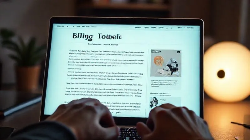 A photorealistic image of a detailed, visually appealing blog post page on a laptop screen, showing a well-structured article with clear headings, bullet points, and an embedded infographic. The screen glows softly in a professional home office setting, with a freelancer's hands visible on the keyboard, sharp focus on the content, depth of field blurring the background. 8K, cinematic lighting, professional photography, shot on a high-end DSLR.