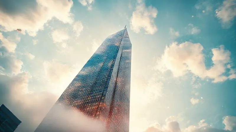 A photorealistic image of a towering skyscraper reaching into the clouds, with digital data flowing around it, symbolizing superior content and authority in the digital landscape. The base of the skyscraper is firmly rooted, representing strong foundational content. Cinematic lighting, sharp focus on the building, depth of field blurring the sky, 8K, professional photography, shot on a high-end DSLR.