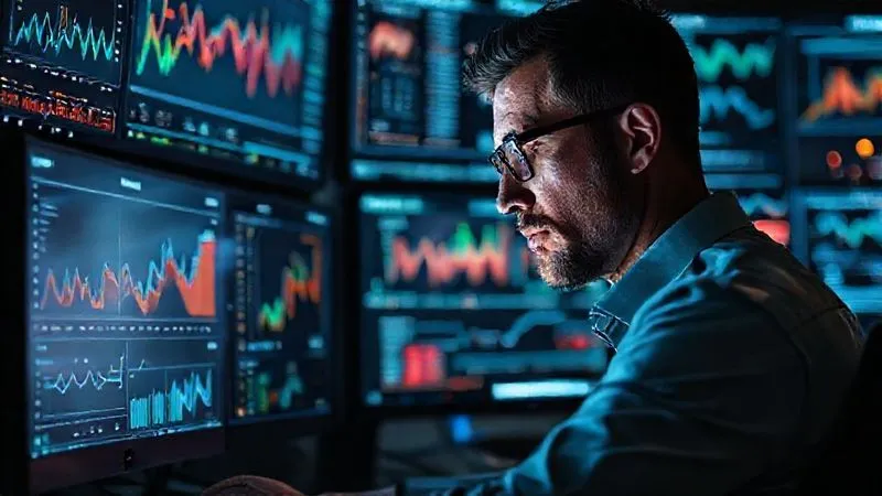 A photorealistic image of a freelancer analyzing complex data on multiple screens, surrounded by charts, graphs, and statistical models. The lighting is focused on the screens, creating a reflective glow on the freelancer's face, conveying deep concentration and discovery. Sharp focus on the data visualizations, with a depth of field blurring the background. 8K, cinematic lighting, professional photography, shot on a high-end DSLR.
