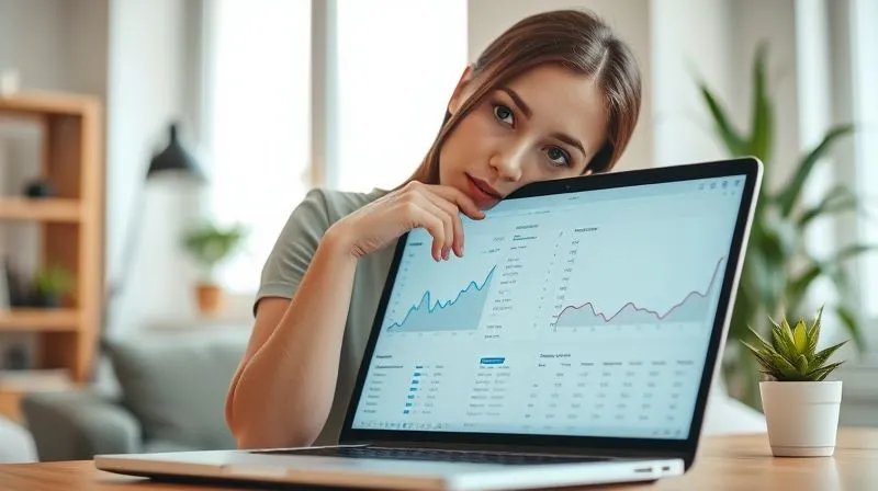 A photorealistic image of a thoughtful freelancer, perhaps a woman in her late 20s, with a focused expression, leaning slightly over a laptop screen that displays complex web analytics graphs with flat lines or low performance indicators. Her hand is near her chin, suggesting deep thought and problem-solving. The background is a modern, clean home office setup with soft, natural light coming from a window. Professional photography, 8K, cinematic lighting, sharp focus on her face and the screen, depth of field blurring the background, shot on a high-end DSLR.