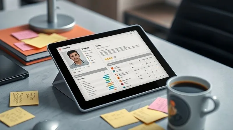 A photorealistic image of a detailed persona profile on a digital tablet, with various demographic and psychographic data points, surrounded by sticky notes and a cup of coffee on a modern desk, cinematic lighting, sharp focus, depth of field, 8K hyper-detailed, professional photography.