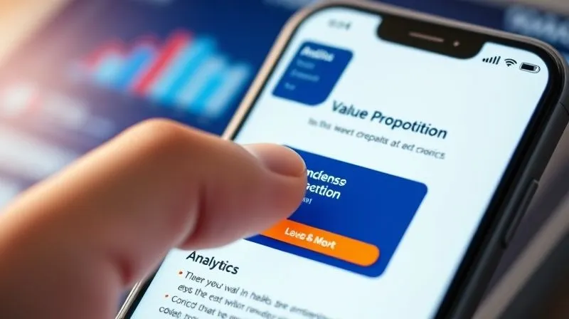 A photorealistic close-up of a finger tapping on a responsive landing page on a smartphone, displaying a clear call-to-action button and concise value proposition, with a blurred analytics dashboard in the background, cinematic lighting, sharp focus on the phone screen, depth of field, 8K hyper-detailed, professional photography.