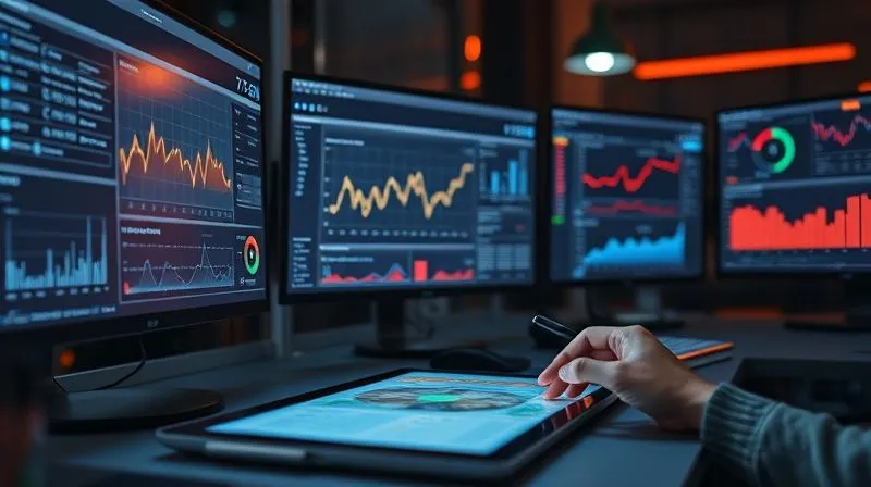 A photorealistic image of a freelancer's desk at night, with multiple screens displaying complex analytics dashboards, charts, and graphs, a hand holding a stylus interacting with a tablet, cinematic lighting creating a focused atmosphere, sharp focus on the screens, depth of field, 8K hyper-detailed, professional photography.