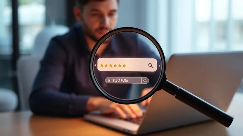 Photorealistic image of a magnifying glass hovering over a glowing digital search result snippet, highlighting star ratings and a small thumbnail image, with a blurred background of a freelancer working on a laptop, cinematic lighting, sharp focus, depth of field, 8K hyper-detailed, shot on a high-end DSLR.