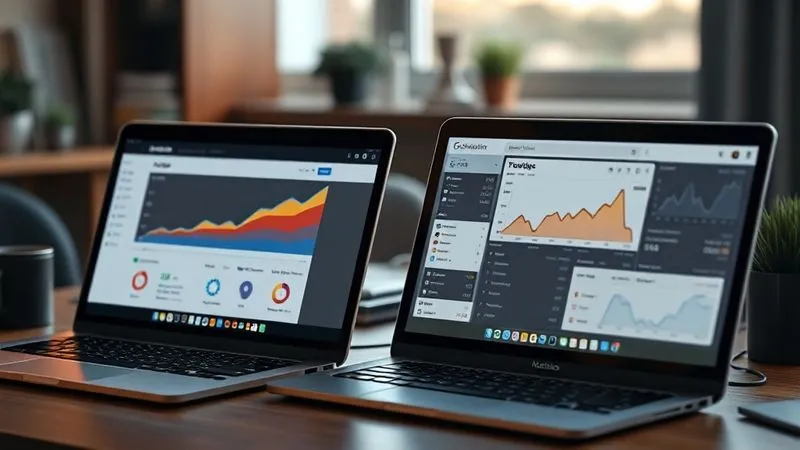 Photorealistic image of a freelancer's desk with two open laptops side-by-side, one displaying Google Search Console analytics with a rising CTR graph, the other showing Google Analytics with user behavior data, cinematic lighting, sharp focus on the screens, depth of field blurring the background, 8K hyper-detailed, shot on a high-end DSLR.