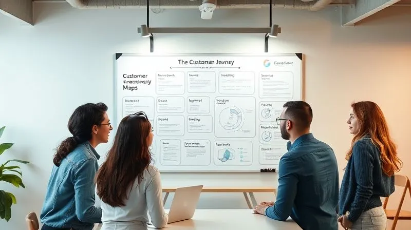 A photorealistic image of a diverse group of professionals (business owners, marketing managers) looking thoughtfully at a whiteboard filled with customer journey maps and persona profiles. The scene is set in a modern, well-lit co-working space, with a freelancer subtly leading the discussion. Professional photography, 8K, cinematic lighting, sharp focus, depth of field, shot on a high-end DSLR.