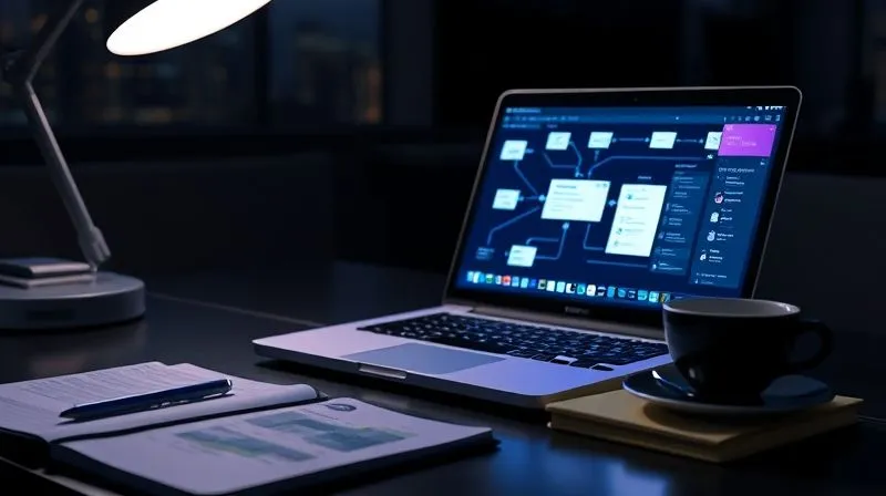 A photorealistic image of a freelancer's desk at night, illuminated by the glow of a laptop screen displaying an email marketing automation workflow with interconnected nodes. A cup of coffee and a notebook with strategic notes are nearby. Professional photography, 8K, cinematic lighting, sharp focus, depth of field, shot on a high-end DSLR.