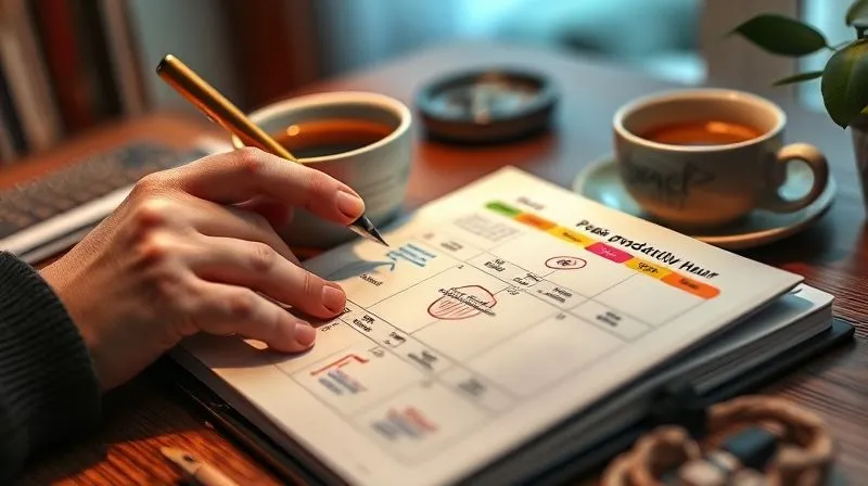 A photorealistic image of a detailed, hand-drawn daily schedule in a planner, with colored highlights marking 'peak productivity hours' and 'rest periods'. A focused hand is writing in the planner, with a warm cup of coffee nearby. Professional photography, 8K, cinematic lighting, sharp focus on the planner and hand, depth of field blurring a cozy home office background, shot on a high-end DSLR.