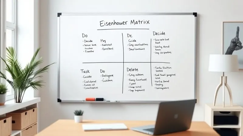 A photorealistic image of a whiteboard with a clearly drawn Eisenhower Matrix (Do, Decide, Delegate, Delete) adapted for a freelancer, showing specific tasks written in each quadrant with different colored markers. The whiteboard is in a modern, minimalist home office setting. Professional photography, 8K, cinematic lighting, sharp focus on the whiteboard, depth of field blurring the background, shot on a high-end DSLR.
