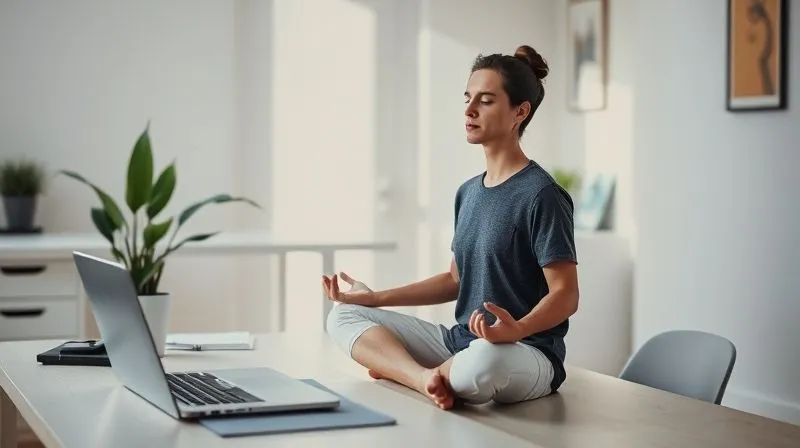 A photorealistic image of a serene person meditating in a minimalist, sunlit home office, with a laptop closed nearby and a plant on the desk. The atmosphere is calm and peaceful, emphasizing mental well-being and disconnection from work. Professional photography, 8K, cinematic lighting, sharp focus on the meditating person, depth of field blurring the background, shot on a high-end DSLR.