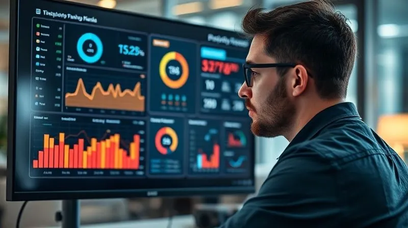 A photorealistic image of a freelancer analyzing a digital dashboard on a large monitor, displaying various metrics like time spent on projects, productivity graphs, and energy levels. The person looks thoughtful and in control, with a focused expression. Professional photography, 8K, cinematic lighting, sharp focus on the monitor and person, depth of field blurring the modern office background, shot on a high-end DSLR.