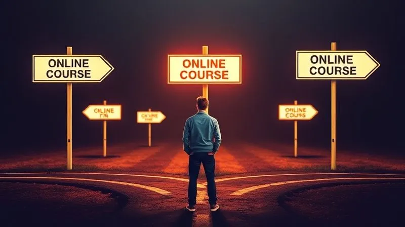 A photorealistic image of a person standing at a crossroads, looking at multiple path signs, each sign representing a different online course, one path is brightly lit and clear, others are hazy, conveying choice and strategic decision-making. Cinematic lighting, 8K hyper-detailed, depth of field, professional photography.