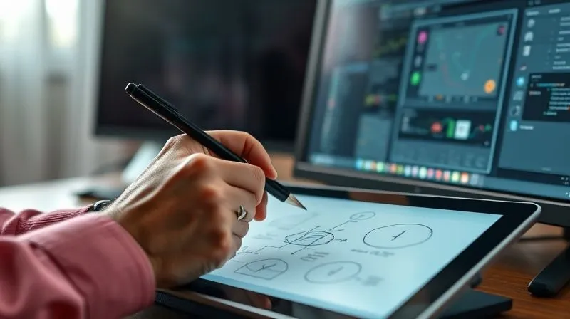 A photorealistic image of a freelancer's hand holding a pen, actively taking notes and sketching diagrams from an online course on a tablet, with open software on a second monitor suggesting immediate application, a sense of focused learning and creation. 8K hyper-detailed, cinematic lighting, sharp focus, professional photography.
