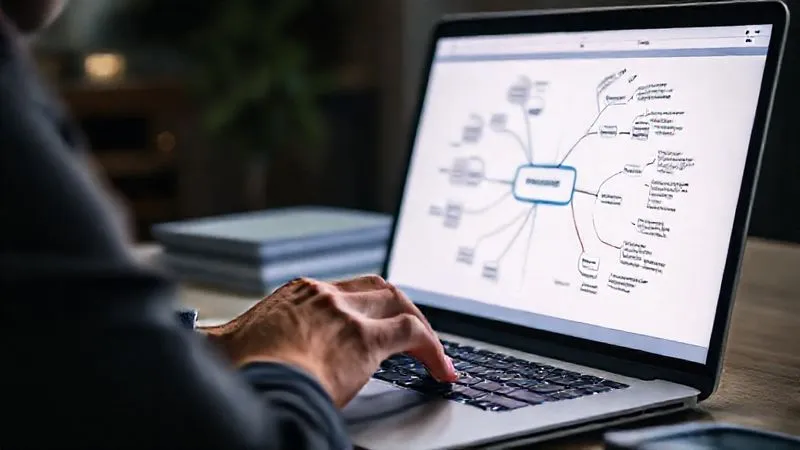 A photorealistic, professional photography, 8K, cinematic lighting, sharp focus, depth of field, shot on a high-end DSLR of a person using a laptop, with a mind map or a spider diagram on the screen visualizing keyword research, showing connections between broad and long-tail keywords. The person's hand is on the mouse, suggesting active work.