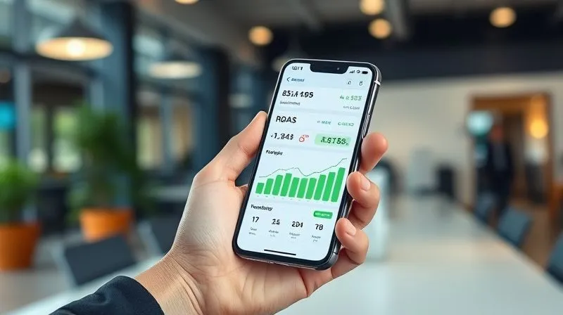 A photorealistic image of a freelancer's hand holding a smartphone, displaying a clear, intuitive dashboard with key performance indicators (KPIs) like ROAS, CPA, and CPL in green, positive trends. In the background, a blurred, modern office environment. Cinematic lighting, sharp focus on the phone screen and hand, depth of field. 8K hyper-detailed, professional photography, shot on a high-end DSLR.