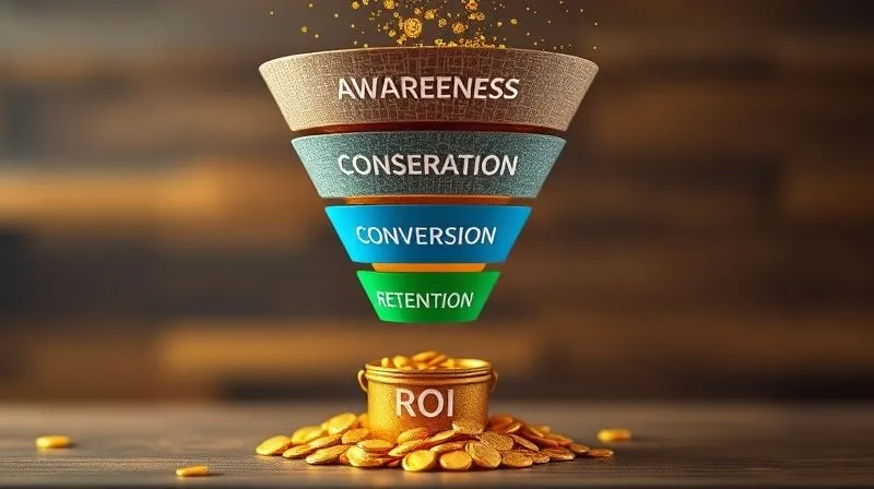 A photorealistic visualization of a marketing funnel, with distinct stages labeled 'Awareness', 'Consideration', 'Conversion', 'Retention'. Each stage shows data flowing downwards, narrowing towards a pot of gold (representing ROI) at the bottom. Cinematic lighting, sharp focus, 8K, depth of field, shot on a high-end DSLR, conveying a clear, logical process.