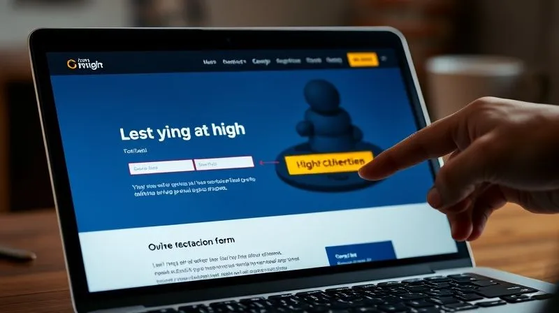 A photorealistic close-up of a laptop screen displaying a high-converting landing page. The screen shows a clear headline, a concise value proposition, a simple contact form, and a prominent call-to-action button glowing. A hand is poised to click the button. Cinematic lighting, sharp focus, 8K, depth of field, shot on a high-end DSLR, emphasizing user-friendliness and clear messaging.