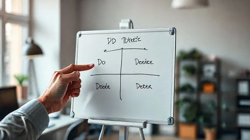 A photorealistic image of a freelancer's hand holding a pen, pointing at a whiteboard with a neatly organized "4D Matrix" diagram, showing tasks categorized into Do, Delegate, Delete, Defer. The background is a modern, minimalist home office with natural light, cinematic lighting, sharp focus on the matrix, depth of field blurring the background, 8K hyper-detailed, professional photography, shot on a high-end DSLR.