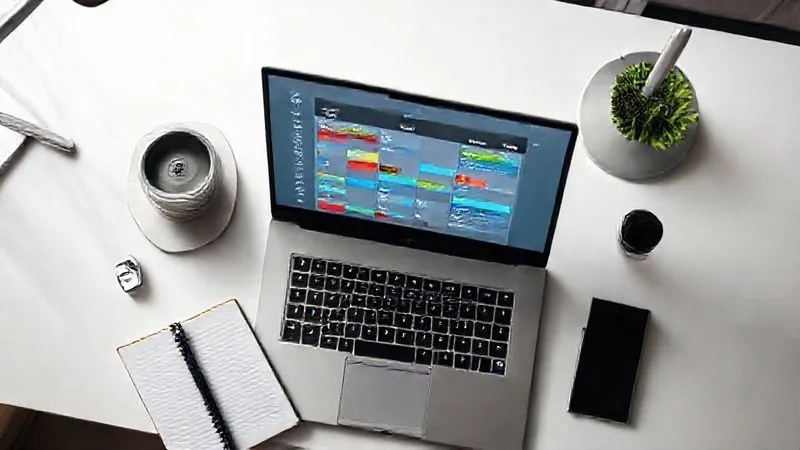 A photorealistic overhead shot of a clean, minimalist desk with a laptop displaying a digital calendar and task manager, surrounded by a single elegant notebook and pen. The screen shows color-coded time blocks for different projects. Cinematic lighting, sharp focus on the screen and notebook, depth of field blurring the background, 8K hyper-detailed, professional photography, shot on a high-end DSLR.