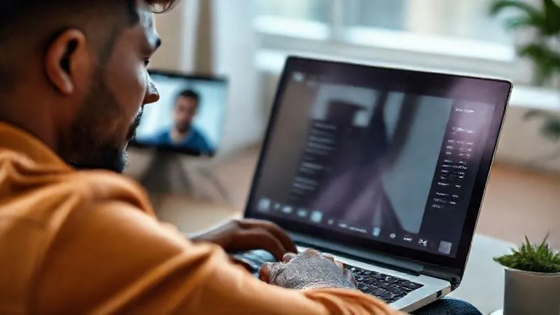A photorealistic image of a freelancer having a video call on a laptop, looking engaged and professional while discussing project timelines. The screen shows a client's face. The freelancer's expression is calm and confident. Cinematic lighting, sharp focus on the freelancer and screen, depth of field blurring the background, 8K hyper-detailed, professional photography, shot on a high-end DSLR.