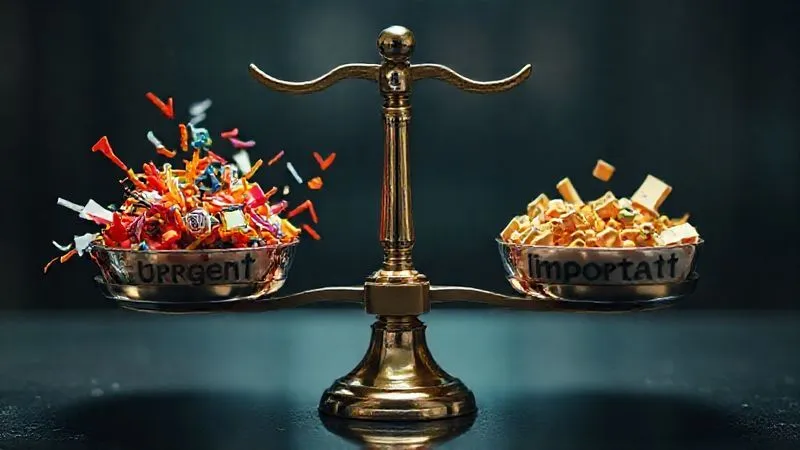 A photorealistic image of a balanced weighing scale, with one side labeled 'Urgent' filled with chaotic, brightly colored, rapidly moving elements, and the other side labeled 'Important' filled with fewer, larger, calm, and strategically placed elements. Cinematic lighting, sharp focus on the scale, depth of field blurring the background, 8K hyper-detailed.