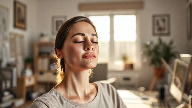 A photorealistic image of a female freelancer meditating calmly in a sunlit home office, surrounded by organized, minimalist workspace elements. Her eyes are closed, a serene expression on her face, conveying peace and mental clarity amidst potential work demands. Cinematic lighting, sharp focus on her face, depth of field blurring the background, 8K hyper-detailed.