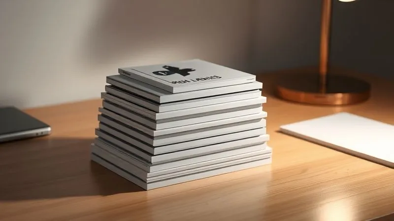 A photorealistic, professional photography, 8K image of a stack of meticulously organized, sleek digital portfolio pieces, each representing a high-value project, placed on a minimalist desk. The top piece is illuminated by a spotlight, highlighting its quality. Cinematic lighting, sharp focus, depth of field blurring the background. The mood is one of precision and curated excellence.