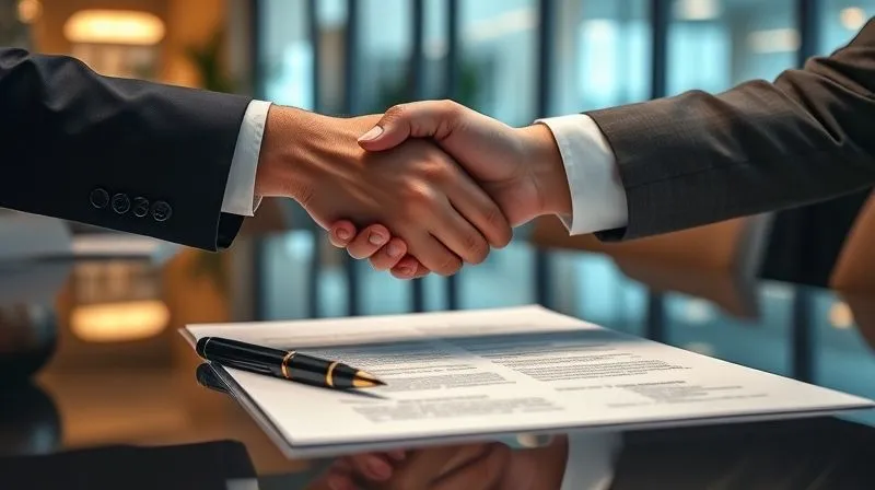 A photorealistic, professional photography, 8K image of two hands shaking firmly over a sleek contract document, with a pen resting beside it. The background is a blurred, modern executive office with warm, cinematic lighting. Sharp focus on the hands and contract, depth of field blurring the office. The mood is one of successful negotiation, agreement, and partnership. A photorealistic, professional photography, 8K image of two hands shaking firmly over a sleek contract document, with a pen resting beside it. The background is a blurred, modern executive office with warm, cinematic lighting. Sharp focus on the hands and contract, depth of field blurring the office. The mood is one of successful negotiation, agreement, and partnership.