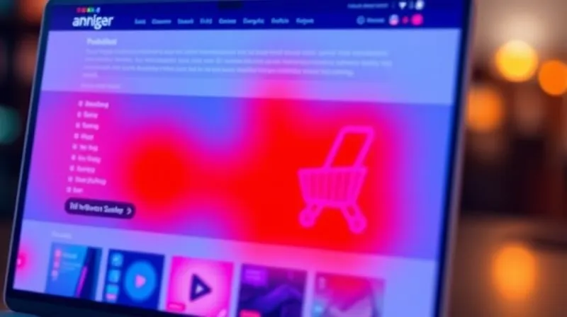 A photorealistic heatmap overlay on an e-commerce product page, showing areas of high engagement in bright red and low engagement in blue. The image has a clean, modern UI, cinematic lighting, sharp focus on the heatmap, depth of field blurring the background, 8K hyper-detailed, professional photography, shot on a high-end DSLR, conveying data analysis and user behavior insights.
