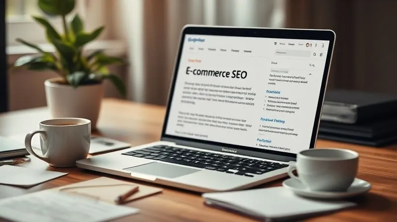 A photorealistic image of a freelancer's desk with a laptop displaying a blog post about e-commerce SEO, surrounded by notes, a cup of coffee, and a plant. The screen shows well-structured content with headings and bullet points. Cinematic lighting, sharp focus on the laptop screen, depth of field blurring the background, 8K hyper-detailed, professional photography, shot on a high-end DSLR, conveying productivity and strategic content creation.