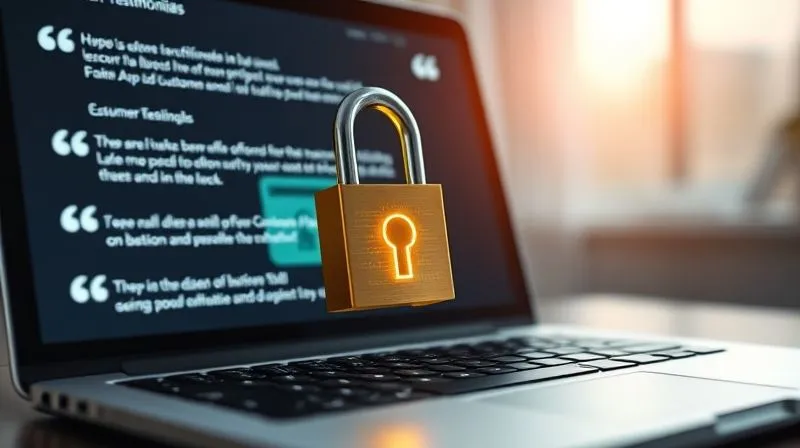 A photorealistic image of a secure digital padlock glowing brightly on a laptop screen, with customer testimonials scrolling in the background as subtle, positive affirmations. Professional photography, sharp focus on the padlock, depth of field. 8K hyper-detailed.