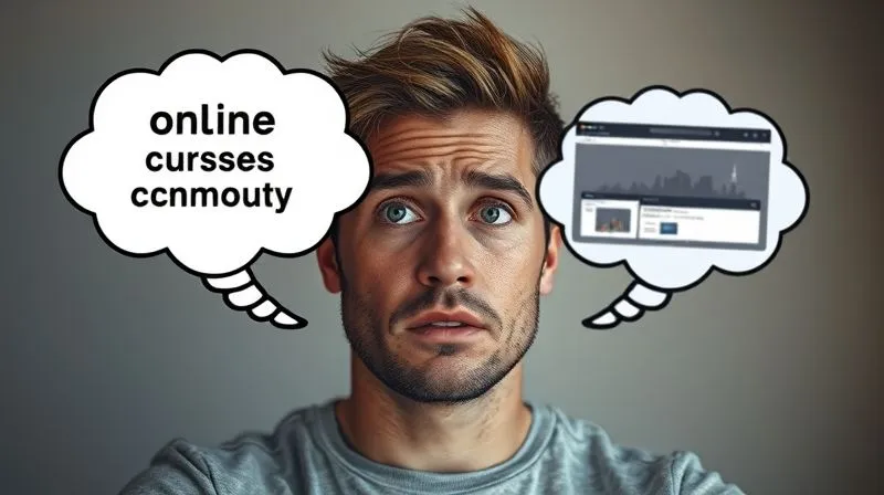 A photorealistic image of a frustrated individual, a freelancer, looking at two overlapping thought bubbles. One bubble shows vibrant, engaging online courses and a supportive community, while the other shows a dull, uninspiring course interface and a lonely figure. The facial expression conveys disappointment and unmet expectations, with cinematic lighting highlighting the contrast between idealism and reality. 8K, professional photography, shot on a high-end DSLR.