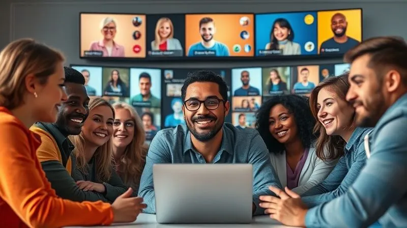 A photorealistic image of diverse individuals from around the globe, looking happy and engaged, interacting seamlessly within a vibrant online community platform. Screens show avatars and chat bubbles, with a central figure, a freelancer, facilitating the discussion. The atmosphere is collaborative and supportive, with cinematic lighting highlighting connection and shared learning. 8K, professional photography, shot on a high-end DSLR.