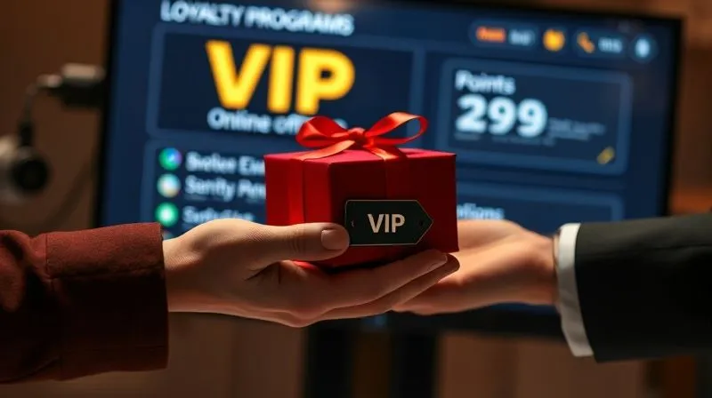 A photorealistic image depicting a hand offering a beautifully wrapped gift box with a glowing 'VIP' tag to another hand. In the background, a digital screen displays a loyalty program interface with points and exclusive offers for online course members. Cinematic lighting, sharp focus on the hands and gift, depth of field blurring the screen. 8K hyper-detailed, professional photography, shot on a high-end DSLR.