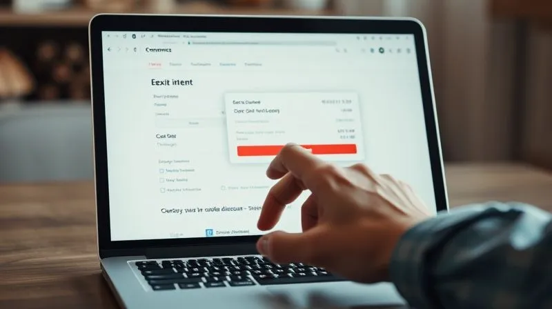 A photorealistic image of a laptop screen displaying an e-commerce checkout page, with a subtle, elegant exit-intent pop-up appearing, offering a discount code. The user's hand is hovering over the mouse, about to leave. Cinematic lighting, sharp focus, depth of field, 8K, professional photography, shot on a high-end DSLR.